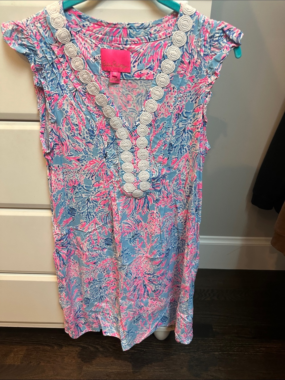 Lilly Pulitzer Blue and Pink Floral V-Neck Tunic with White Trim